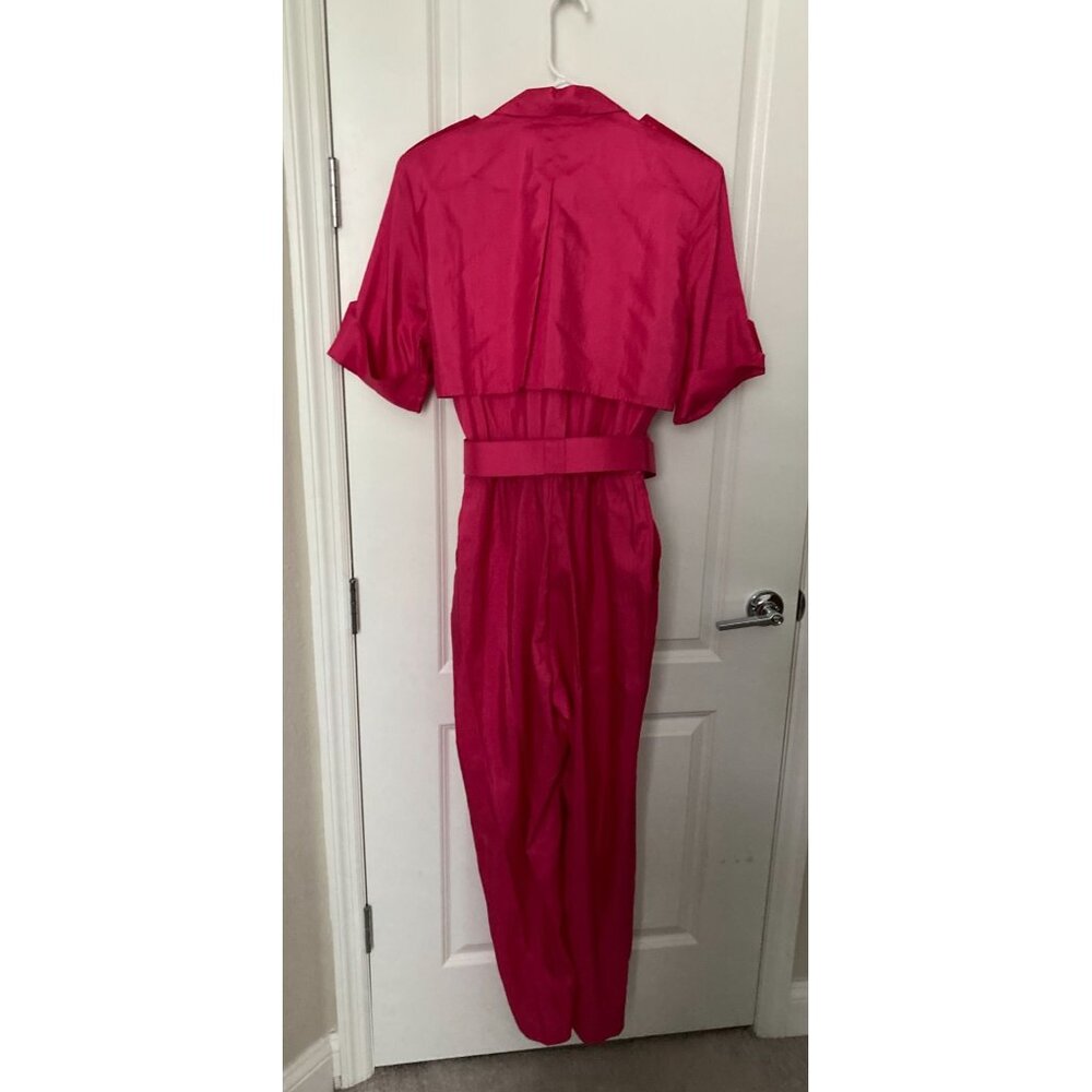 Vintage 80s Westbound Belted Pink Silky Tapered Parachute V-Neck Jumpsuit - Size - Picture 3 of 4
